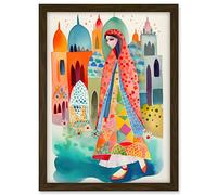Artery8 Hijab Muslim Woman with Buildings Folk Art Artwork Framed A3 Wall Art Print