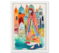 Artery8 Hijab Muslim Woman with Buildings Folk Art Artwork Framed A3 Wall Art Print