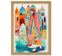 Artery8 Hijab Muslim Woman with Buildings Folk Art Artwork Framed A3 Wall Art Print