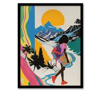 Artery8 Hiker Bright Sun Mountains Abstract Colourful Framed Art Print | Size: W12" x H16" Artery8 Multicolor W12" x H16"
