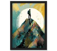 Artery8 Hiker on Mountain Peak Modern Watercolour Painting Artwork Framed A3 Wall Art Print