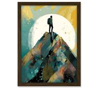 Artery8 Hiker on Mountain Peak Modern Watercolour Painting Artwork Framed A3 Wall Art Print