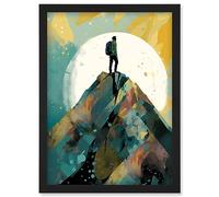 Artery8 Hiker on Mountain Peak Modern Watercolour Painting Artwork Framed Wall Art Print A4