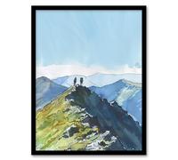 Artery8 Hikers on Helvellyn Mountain Ridge Landscape Framed Wall Art in Blue | Size: A4 Artery8 Blue A4
