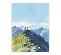 Artery8 Hikers on Helvellyn Mountain Ridge Landscape Wall Art Print in Blue | Size: W12" x H16" Artery8 Blue W12" x H16"
