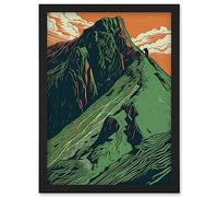 Hiking the Striding Edge Orange and Green Linocut Artwork Framed Wall Art Print A4 Artery8 Black One Size