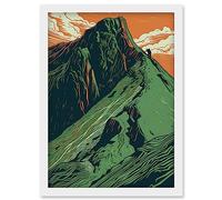Artery8 Hiking the Striding Edge Orange and Green Linocut Artwork Framed Wall Art Print A4