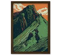Artery8 Hiking the Striding Edge Orange and Green Linocut Artwork Framed Wall Art Print A4