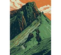 Artery8 Hiking the Striding Edge Orange and Green Linocut Extra Large XL Wall Art Poster Print