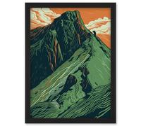 Hiking the Striding Edge Orange and Green Linocut Artwork Framed Wall Art Print A4 Artery8 Black One Size