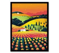 Artery8 Hill Farm Sunset Orange Pink Green Pop Art Design For Living Room Artwork Framed Wall Art Print A4