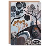 Artery8 Hillside Tree Pattern Country Folk Art Landscape Birthday Art Card in Grey Artery8 Grey