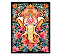 Artery8 Hindu Floral Pattern with Elephant Vibrant Painting Orange Pink Blue Ganesha Ornate Flower Design Artwork Framed Wall Art Print A4