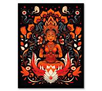 Artery8 Hindu Goddess Parvati Floral Concept Art Design Orange White Blue Decorative Pattern On Black Wall Art Print - A4 Size