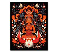 Artery8 Hindu Goddess Parvati Floral Concept Art Design Orange White Blue Decorative Pattern on Black Artwork Framed Wall Art Print 18X24 Inch