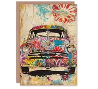 Artery8 Hippie Flower Power Colourful Hippy Vintage Car For Her Woman Birthday Card