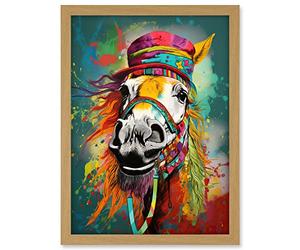 Artery8 Hippie Horse with Multicoloured Hat and Bridles Artwork Framed A3 Wall Art Print