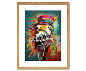 Artery8 Hippie Horse with Multicoloured Hat and Bridles Artwork Framed Wall Art Print 12X16 Inch