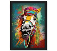 Artery8 Hippie Horse with Multicoloured Hat and Bridles Artwork Framed Wall Art Print A4