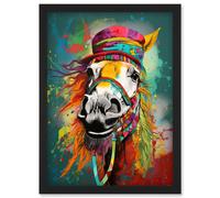 Artery8 Hippie Horse with Multicoloured Hat and Bridles Artwork Framed Wall Art Print A4