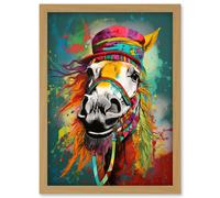 Artery8 Hippie Horse with Multicoloured Hat and Bridles Artwork Framed Wall Art Print A4