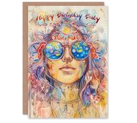 Artery8 Hippy Birthday Hippie Woman Mandala Watercolour For Him Or Her Art Birthday Personalised Card