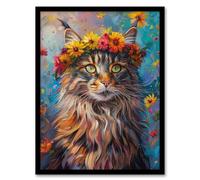 Artery8 Hippy Maine Coon Cat in Flower Crown Fun Abstract For Living Room Artwork Framed Wall Art Print 18X24 Inch