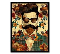 Artery8 Hipster Man Portrait Flowers Moustache Pompadour Framed Art Print in Brown | Size: W12" x H16" Artery8 Brown W12" x H16"