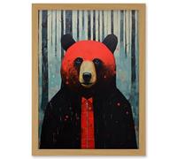 Artery8 Hipster Red Bear Artwork Oil Painting Black Blue Artwork Forest Trees Artwork Framed A3 Wall Art Print