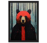 Artery8 Hipster Red Bear Artwork Oil Painting Black Blue Artwork Forest Trees Artwork Framed A3 Wall Art Print
