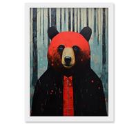 Artery8 Hipster Red Bear Artwork Oil Painting Black Blue Artwork Forest Trees Artwork Framed A3 Wall Art Print