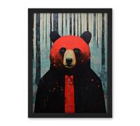Artery8 Hipster Red Bear Artwork Oil Painting Black Blue Artwork Forest Trees Artwork Framed Wall Art Print 18X24 Inch