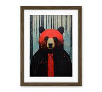 Artery8 Hipster Red Bear Artwork Oil Painting Black Blue Artwork Forest Trees Artwork Framed Wall Art Print 18X24 Inch