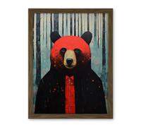 Artery8 Hipster Red Bear Artwork Oil Painting Black Blue Artwork Forest Trees Artwork Framed Wall Art Print 18X24 Inch