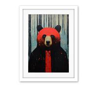 Artery8 Hipster Red Bear Artwork Oil Painting Black Blue Artwork Forest Trees Artwork Framed Wall Art Print 18X24 Inch