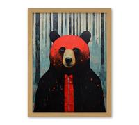 Artery8 Hipster Red Bear Artwork Oil Painting Black Blue Artwork Forest Trees Artwork Framed Wall Art Print 18X24 Inch