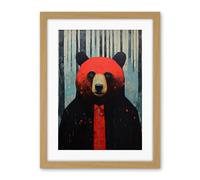 Artery8 Hipster Red Bear Artwork Oil Painting Black Blue Artwork Forest Trees Artwork Framed Wall Art Print 18X24 Inch