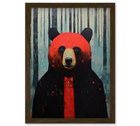 Artery8 Hipster Red Bear Artwork Oil Painting Black Blue Artwork Forest Trees Artwork Framed Wall Art Print A4