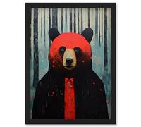 Artery8 Hipster Red Bear Artwork Oil Painting Black Blue Artwork Forest Trees Artwork Framed Wall Art Print A4