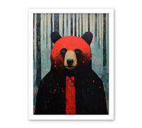 Artery8 Hipster Red Bear Artwork Oil Painting Black Blue Artwork Forest Trees Artwork Framed Wall Art Print 18X24 Inch