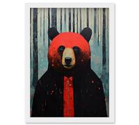 Artery8 Hipster Red Bear Artwork Oil Painting Black Blue Artwork Forest Trees Artwork Framed Wall Art Print A4