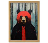 Artery8 Hipster Red Bear Artwork Oil Painting Black Blue Artwork Forest Trees Artwork Framed Wall Art Print A4