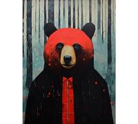 Artery8 Hipster Red Bear Artwork Oil Painting Black Blue Artwork Forest Trees Extra Large XL Wall Art Poster Print