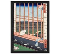 Artery8 Hiroshige Asakusa Fields 100 Views Edo Cat Vintage Japan Painting Artwork Framed Wall Art Print A4 in Black Artery8 Black