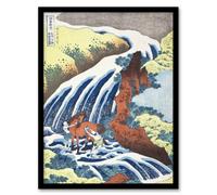 Artery8 Hokusai Framed Wall Art Waterfall Where Yoshitsune Washed His Horse in Blue | Size: A4 Artery8 Blue A4