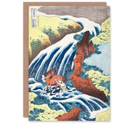 Artery8 Hokusai Japanese Art Card Waterfall Where Yoshitsune Washed His Horse in Blue Artery8 Blue
