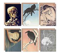 Artery8 Hokusai Koson Van Gogh Japanese Crow Skull Mixed Fine Art Greeting Card Pack of 6