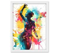 Holi Festival of Colour Woman Dancing to Music Modern Paint Splatter Artwork Artwork Framed Wall Art Print A4 Artery8 White One Size