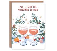 Artery8 Holly Baubles Glasses All I Want Wine Lover Christmas Greeting Card Artery8 Multicolor