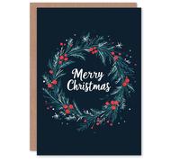 Artery8 Holly Pine Tree Round Wreath Blue Blank For Him Or Her Art Xmas Festive Christmas Card